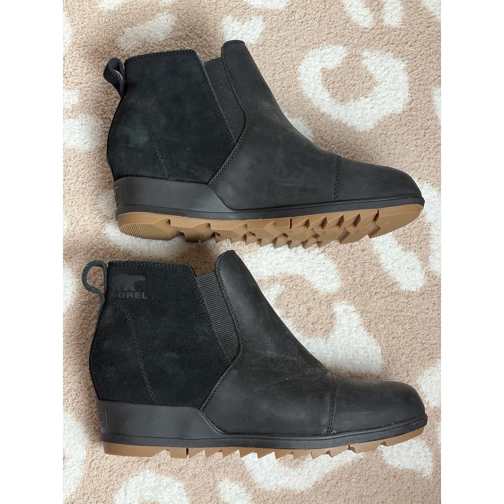 Sorel Women's Evie Boot Hidden Wedge Heel Bootie Black Suede Pull on, Size 9.5